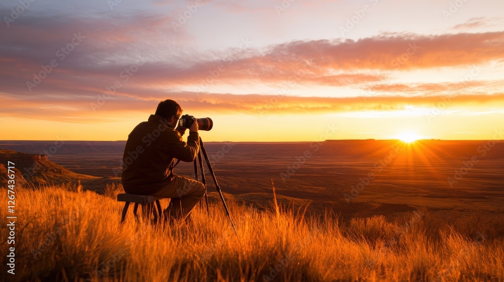 Naklejka premium Silhouette of a male photographer capturing a vibrant sunset with a camera against a colorful sky