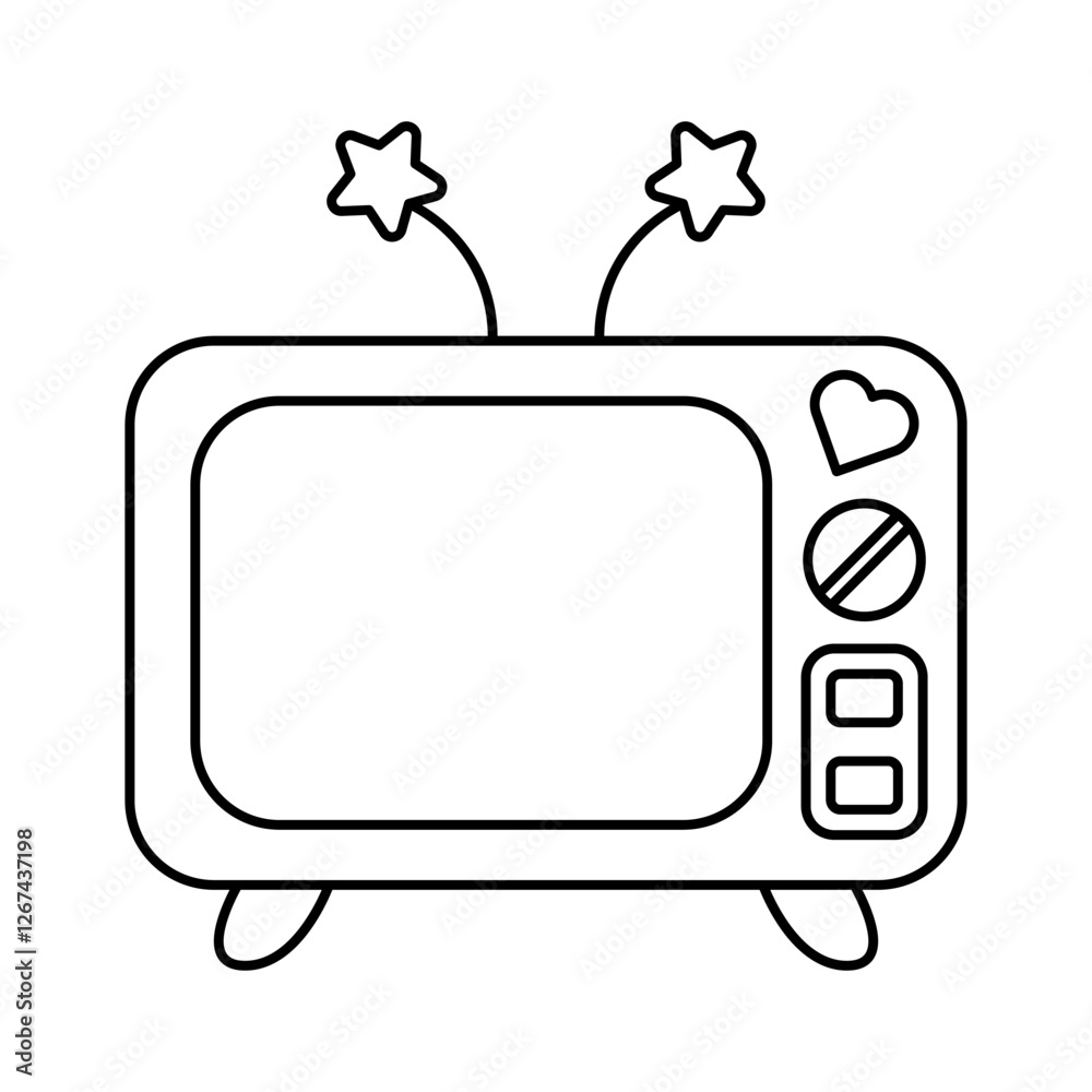 Naklejka premium Cute Retro TV with Antennas and Buttons Vector Outline Illustration. Black and white vector illustration of a retro television with star-shaped antennas and playful buttons.
