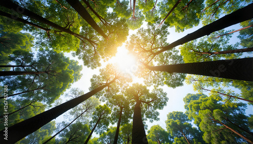 Bottom view of tall trees with sunlight filtering through for nature blogs, websites, environmental awareness, educational materials, and nature-themed designs