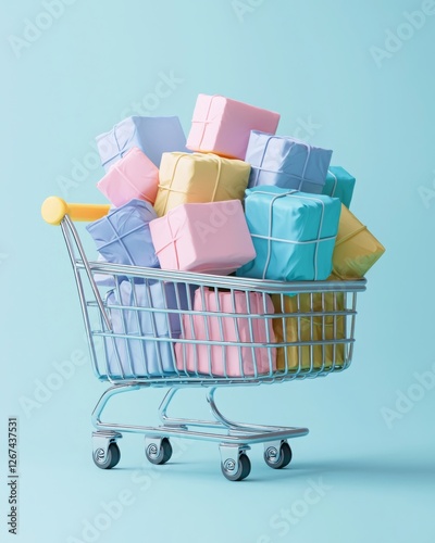 Conceptual Illustration of a Shopping Cart Overflowing with Colorful Gift Boxes on a Light Background photo