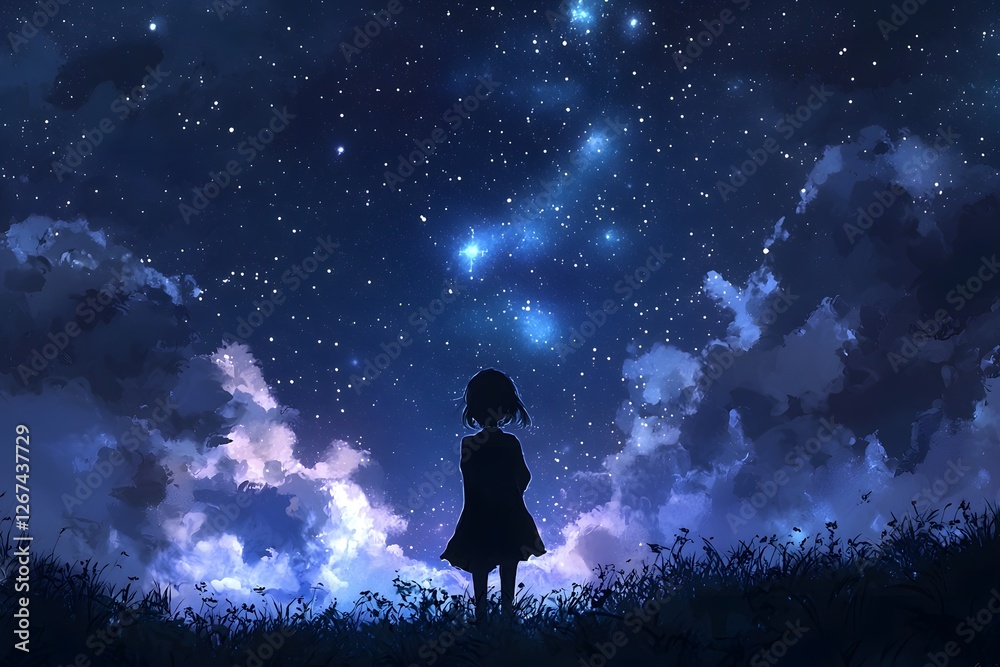 Naklejka premium Beneath a Starry Sky: A solitary figure stands silhouetted against a breathtaking canvas of stars, the vast expanse of the night sky a testament to the universe's grandeur and beauty.