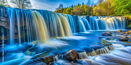 Water cascades gracefully over rocky ledges, creating a tranquil atmosphere in a lush forest. Sunlight filters through vibrant trees, illuminating the flowing water