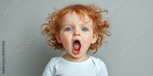 Child with curly red hair expressing surprise and excitement in a neutral setting