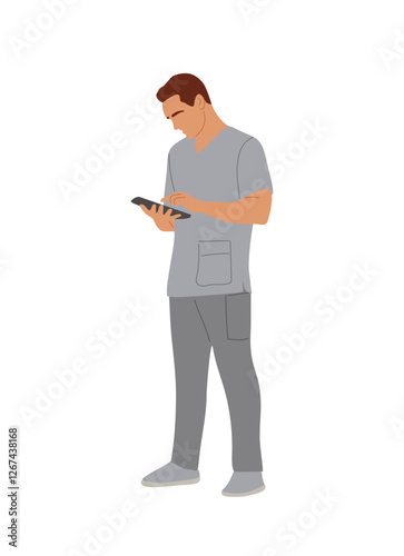 Young doctor, paramedic standing with digital tablet. Handsome Male medical worker in uniform scrub. Cartoon vector realistic illustration isolated on transparent background.