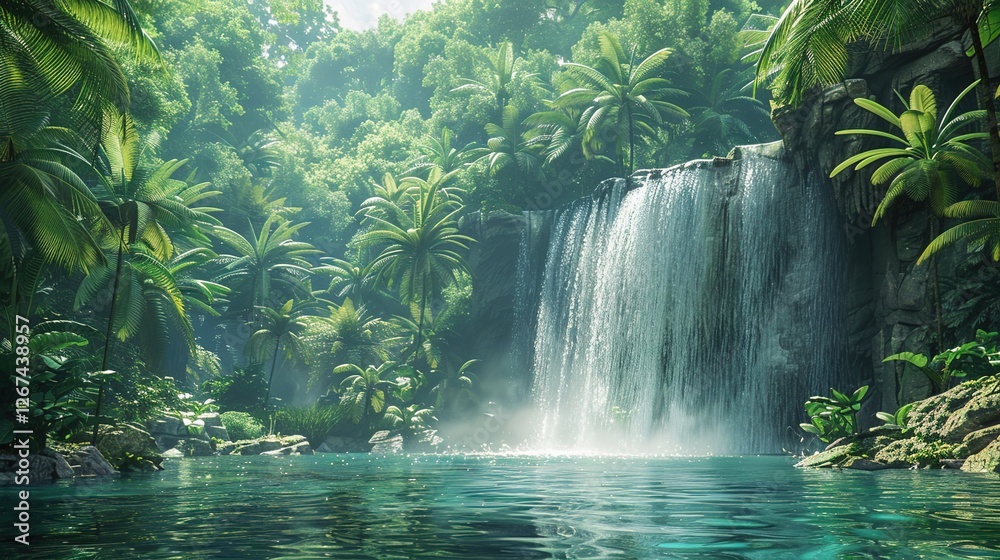 Immersive Tropical Rainforest Scenery with Cascading Waterfalls: A Vibrant Background Image Featuring Lush Vegetation, Misty Jungles, and Exotic Wildlife for Nature-Inspired Design, Eco-Tourism Campai Immersive Tropical Rainforest Scenery with Cascading Waterfalls: A Vibrant Background Image Featuring Lush Vegetation, Misty Jungles, and Exotic Wildlife for Nature-Inspired Design, Eco-Tourism Campai