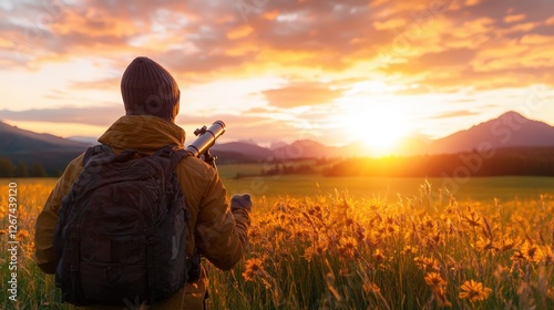 Person standing in grass field silhouette with telescope at sunset sky wide open landscape
