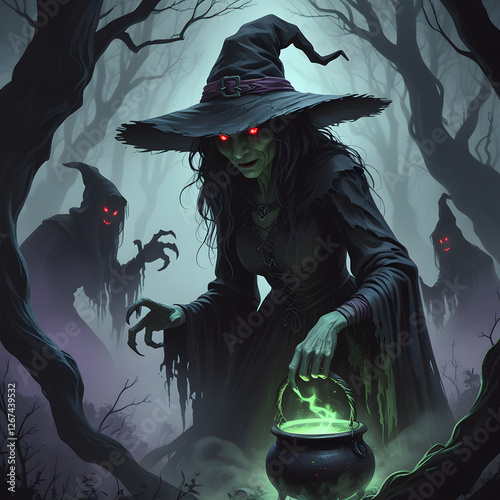 The witch’s long, tattered cloak billows in the cold night air, and she clutches a bubbling cauldron that glows with eerie green light, casting ghostly reflections onto the gnarled tree trunks.