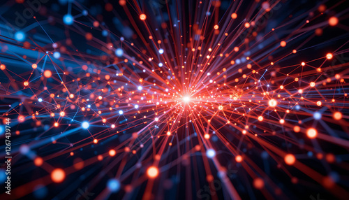 A stunning display of red, blue, and white particles radiates from the center, creating a mesmerizing effect. Light beams intersect and expand in a dark digital atmosphere, evoking a sense of depth