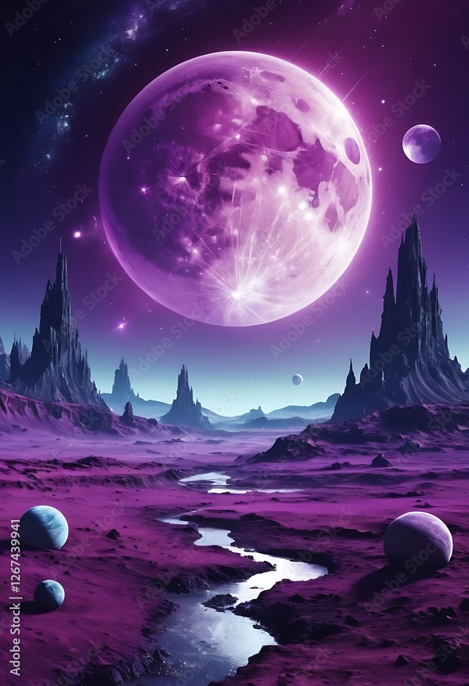 Fototapeta premium Otherworldly Landscape with a Purple Moon, Alien Planet Scenery
