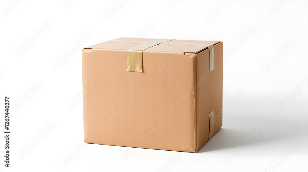 Closed cardboard box sealed with adhesive tape on white background Closed cardboard box sealed with adhesive tape on white background