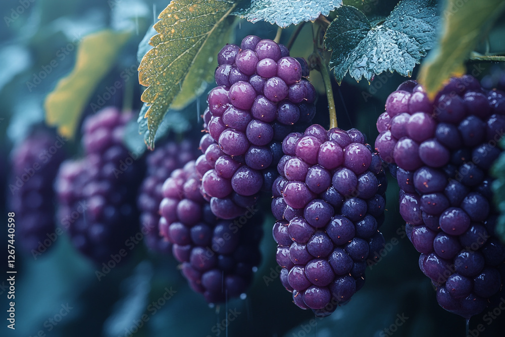 Fototapeta premium Luscious clusters of dark grapes glistening in a gentle rainfall