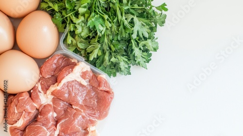 Fresh Ingredients for Delicious Meals Eggs  Meat  and Herbs photo