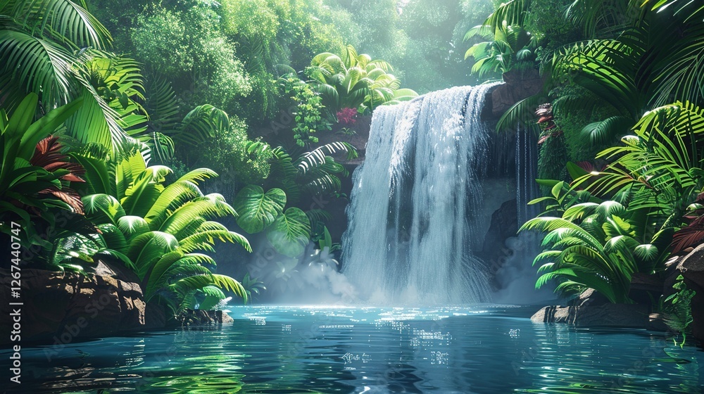 Immersive Tropical Rainforest Scenery with Cascading Waterfalls: A Vibrant Background Image Featuring Lush Vegetation, Misty Jungles, and Exotic Wildlife for Nature-Inspired Design, Eco-Tourism Campai Immersive Tropical Rainforest Scenery with Cascading Waterfalls: A Vibrant Background Image Featuring Lush Vegetation, Misty Jungles, and Exotic Wildlife for Nature-Inspired Design, Eco-Tourism Campai