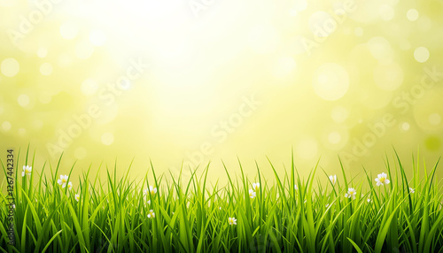 Soft blades of bright green grass sway gently in the breeze, adorned with small white flowers, all illuminated by warm golden light in a sunny outdoor setting
