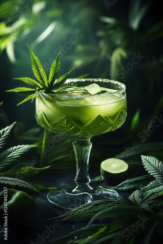 Obraz na płótnie vibrant cannabis cocktail margarita infused with CBD, garnished with a fresh marijuana leaf, set against a luxurious dark background w salonie