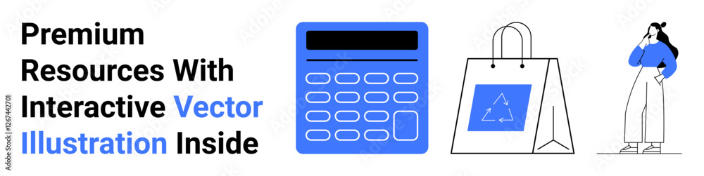 Digital calculator, shopping bag, thoughtful woman standing. Ideal for e-commerce, technology use, online resources, modern education, analytical tools, business management flat landing page banner Digital calculator, shopping bag, thoughtful woman standing. Ideal for e-commerce, technology use, online resources, modern education, analytical tools, business management flat landing page banner