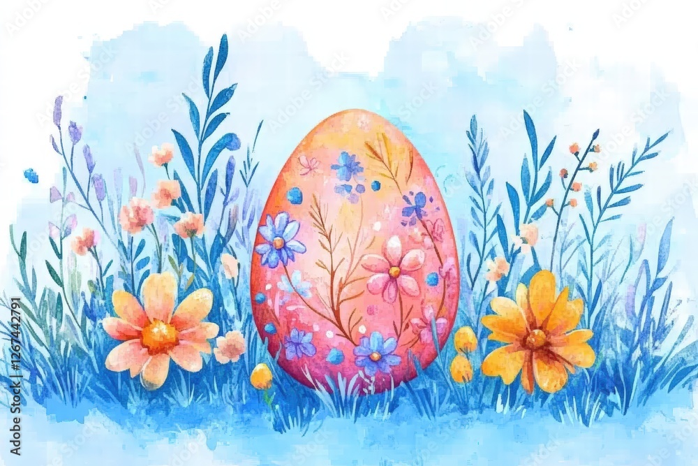 watercolor postcard featuring a large Easter egg with delicate floral patterns and soft brush strokes