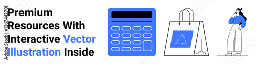 Digital calculator, shopping bag, thoughtful woman standing. Ideal for e-commerce, technology use, online resources, modern education, analytical tools, business management flat landing page banner