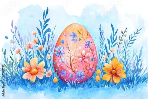 Obraz na płótnie watercolor postcard featuring a large Easter egg with delicate floral patterns and soft brush strokes w salonie