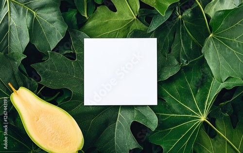 Square blank paper card placed on green leaves with organic and fresh botanical background for eco-friendly and creative design projects photo