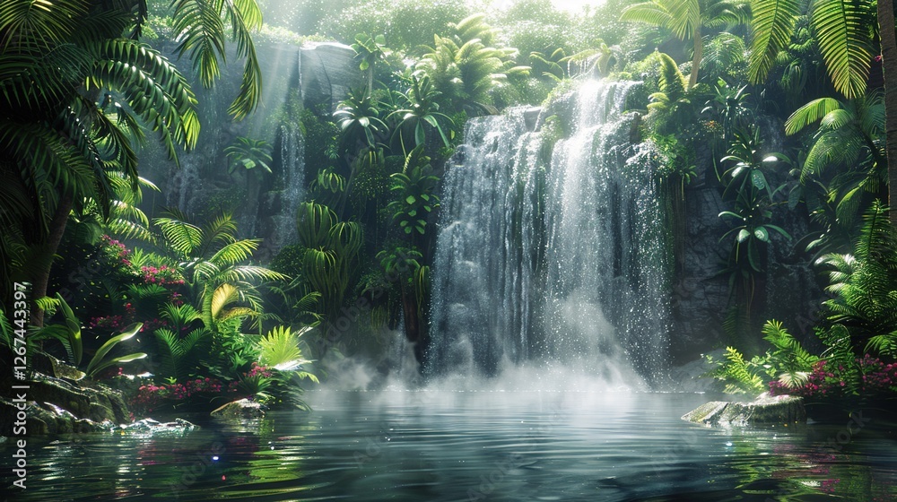 Immersive Tropical Rainforest Scenery with Cascading Waterfalls: A Vibrant Background Image Featuring Lush Vegetation, Misty Jungles, and Exotic Wildlife for Nature-Inspired Design, Eco-Tourism Campai Immersive Tropical Rainforest Scenery with Cascading Waterfalls: A Vibrant Background Image Featuring Lush Vegetation, Misty Jungles, and Exotic Wildlife for Nature-Inspired Design, Eco-Tourism Campai