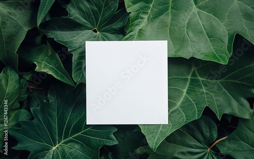 Minimal white square paper sheet on lush green tropical leaves for eco-friendly design or branding mockup