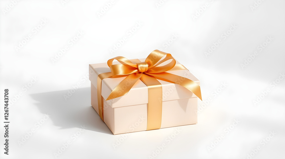 Obraz premium Elegant beige gift box wrapped with golden ribbon on white background