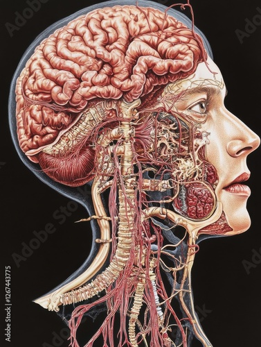 An illustration of the pathway of the vagus nerve and how it connects to various and body systems. . photo