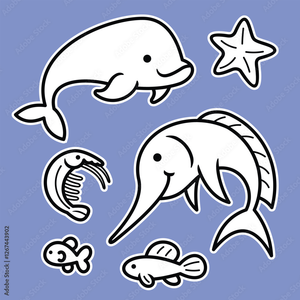 Fototapeta premium Lineart outline Sea Animal in cute colorful design for kids and education