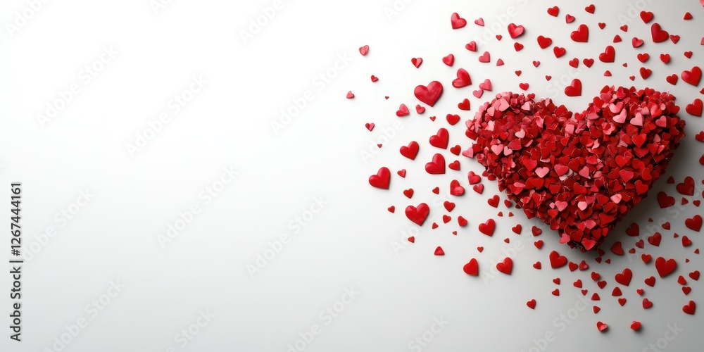 Heart made of red paper hearts scattered across a clean white background for love-themed events Heart made of red paper hearts scattered across a clean white background for love-themed events