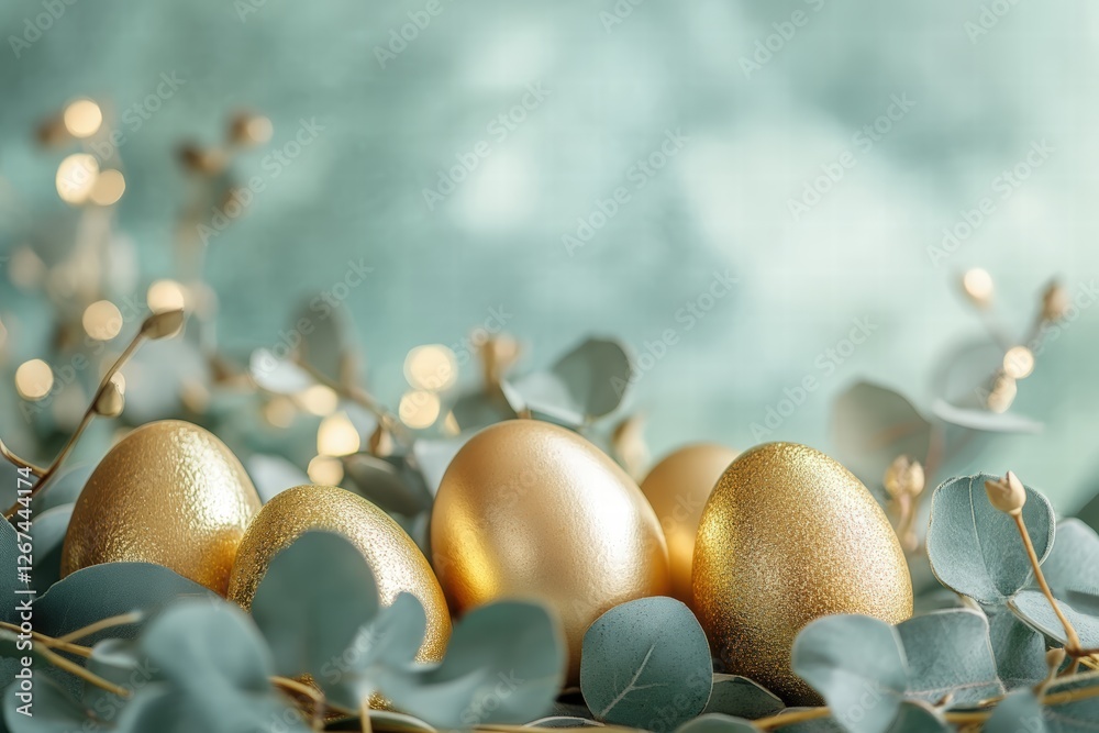 gold-painted Easter eggs scattered artfully around fresh eucalyptus sprigs