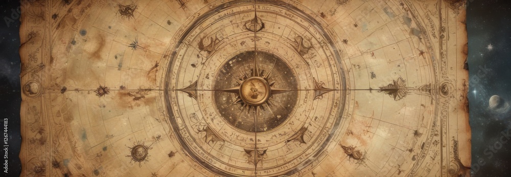Fototapeta premium Retro celestial map on vintage paper with stylized stars and moons, illustration, space, galaxy