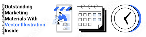 Online storefront with products, calendar for planning, and clock for time tracking. Ideal for marketing, scheduling, productivity, business operations, time management, e-commerce flat landing page