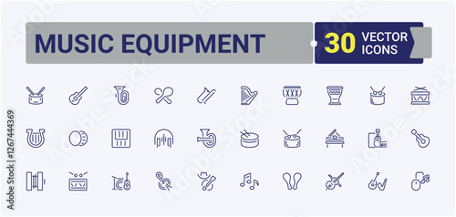 Music Equipment Postal and Digital Mail modern icons set. Includes icons for musical, music, electric, dj, entertainment and more. Icons for website. Editable vector stroke.