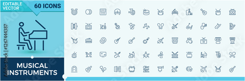Musical Instruments collection. Includes icons for key, flute, percussion, dj, violin, organ, bass, music. Icons for website. Editable vector stroke.