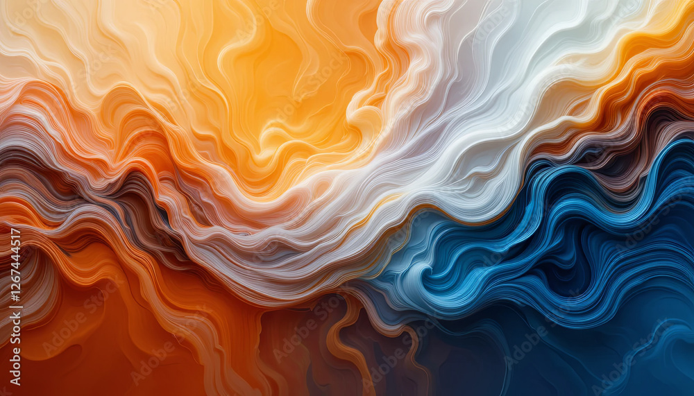Fototapeta premium Flowing patterns of vibrant orange, blue, and white create a dynamic abstract design. The artwork captures movement and texture, drawing the viewer into a swirling composition