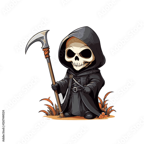 Cute clip art illustration of a cartoon character of a skeletal figure in a black robe holding a scythe, standing amidst tall grass and autumn foliage