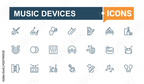 Set of Music Devices line icons. Includes thin line microphone, maracas, key, sound, Instrument, trumpet, dj, flute and more. Minimal icon. Editable stroke. Vector illustration.