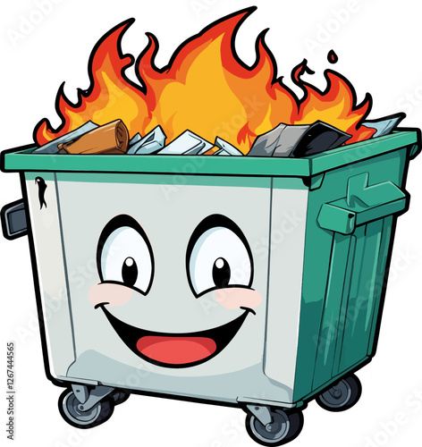 Clip Art Illustration of a Cartoon dumpster with a smiling face and fire, representing humor in waste management