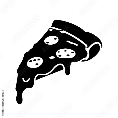 Clip art silhouette illustration of a Playful pepperoni pizza slice with cheese dripping on a white background