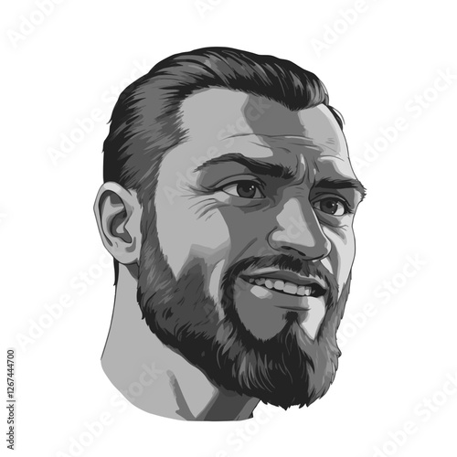 Clip Art illustration of a smiling man giga chad with a beard against a simple background