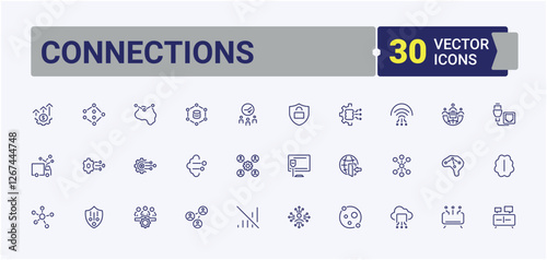 Set of Connections line icons. Contains such icons as wire, social, networking, computing, cyber, technology, data, group and more. Icon design. Editable vector stroke.
