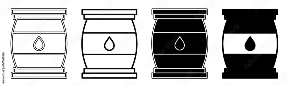 Black and white illustration of a oil barrel. Oil barrel icon collection with line. Stock vector illustration. Black and white illustration of a oil barrel. Oil barrel icon collection with line. Stock vector illustration.