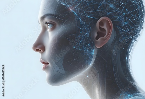 Futuristic Female AI: Conceptual Image of Artificial Intelligence, Neural Network, and Digital Connectivity in a Modern, Technological World.