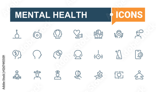 Mental Health line icon. Includes icons for sport, exercise, human, wellness, well-being, psychotherapy, aromatherapy and more. Thin icon design. Editable vector stroke.