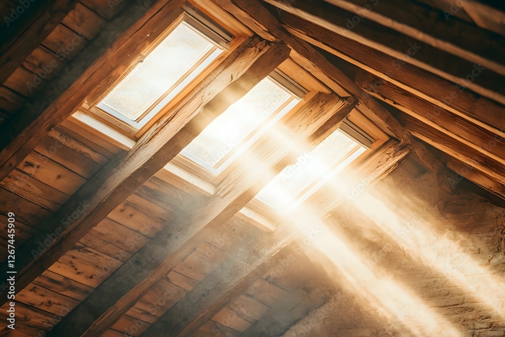 Obraz premium Golden Rays in the Attic: A dramatic beam of sunlight penetrates through a small window in a rustic wooden attic, illuminating the dusty beams and creating a warm, ethereal glow.