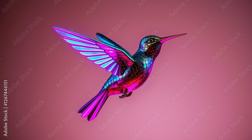 Obraz premium A noise-art poster depicting a hummingbird in flight, its wings a blur of neon violet, teal, and pink light trails. 
