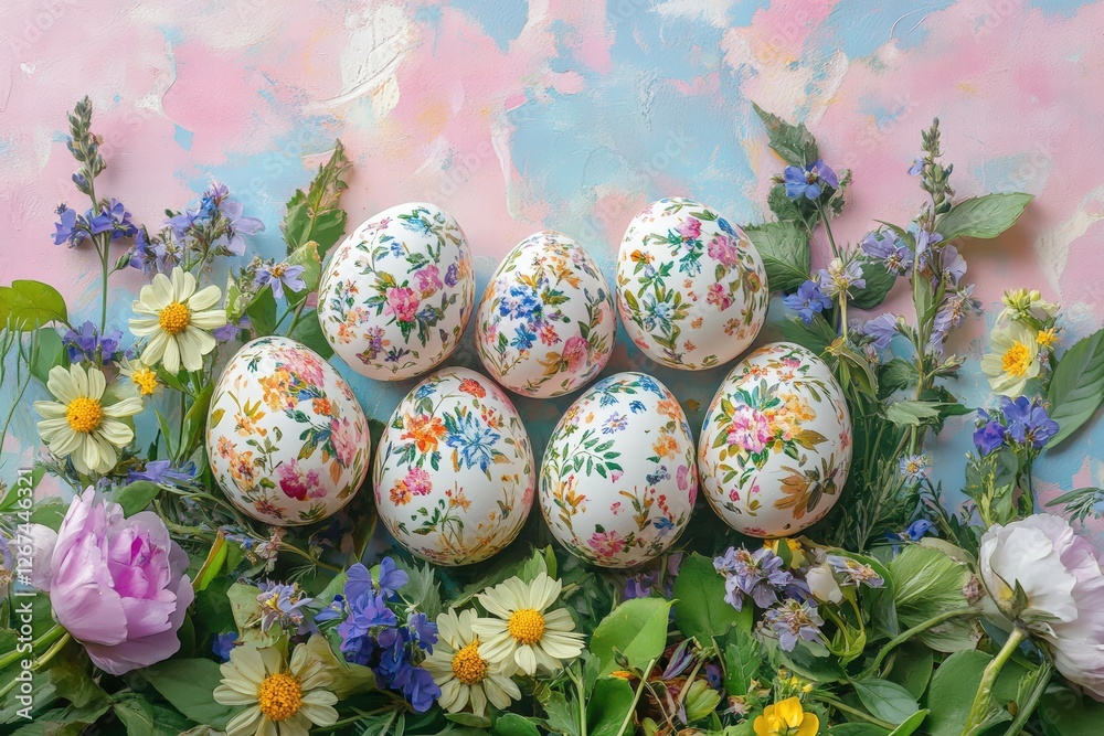 Easter tableau with an enchanting multicolored background consisting of soft pinks, blues, and yellows