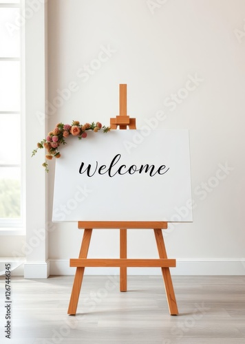 Photo of a mockup minimalist timber easel with blank canvas 24x18 inches horizontal canvas to display a beautiful welcome sign at an event luxury feel wall art mockup interior wall frame mockup art ho photo