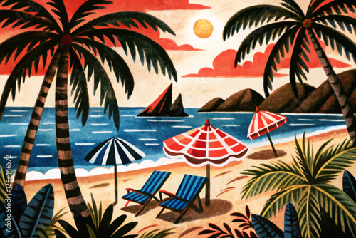 tropical beach with palm trees at sunset time landscape abstract cartoon illustration